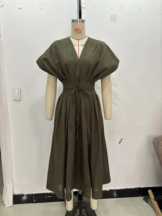 women's elegant party dress Vintage V-neck fashion pleated lace-up MIDI poplin dress