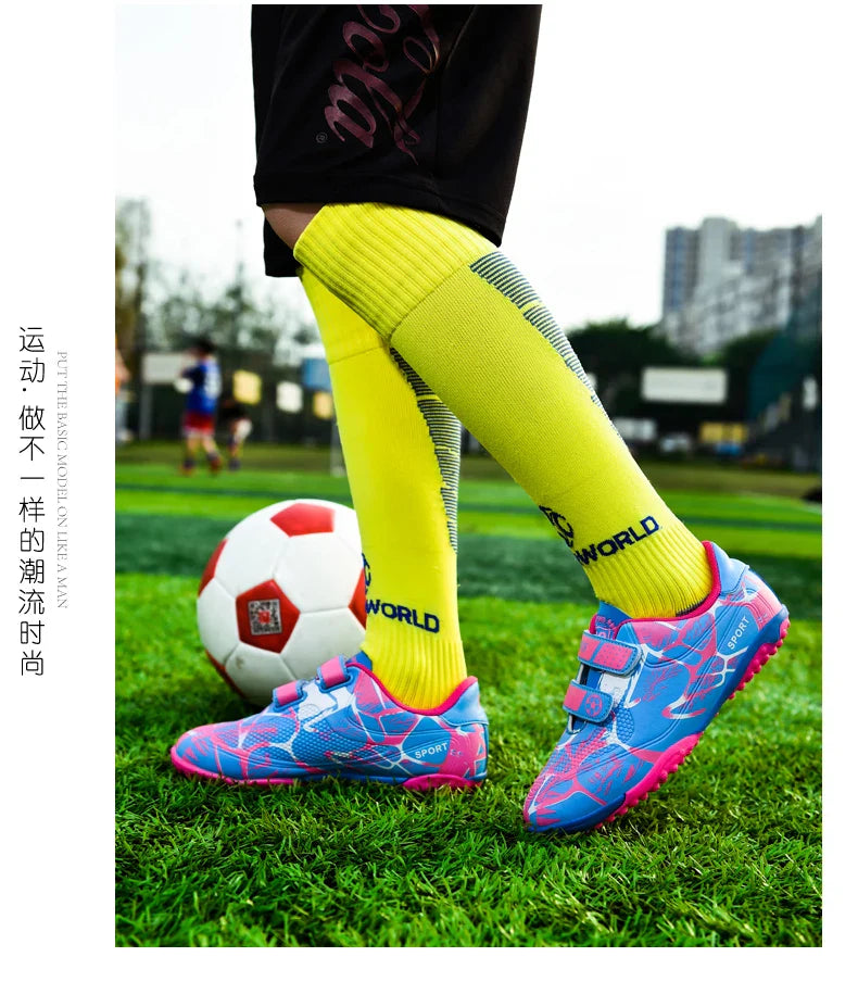 Kids Soccer Shoes HOOK&LOOP Football Sports Shoes Boy Outdoor Non-Slip Training Shoes Child Lightweight Children's Soccer Cleats