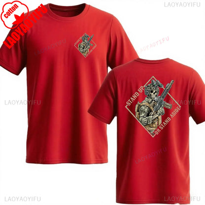 Stand Up or Stand Aside Military Tactical Warrior Skeleton Shirt T-Shirt Gym Military Shirt Graphic T Shirts Cotton Men Clothing