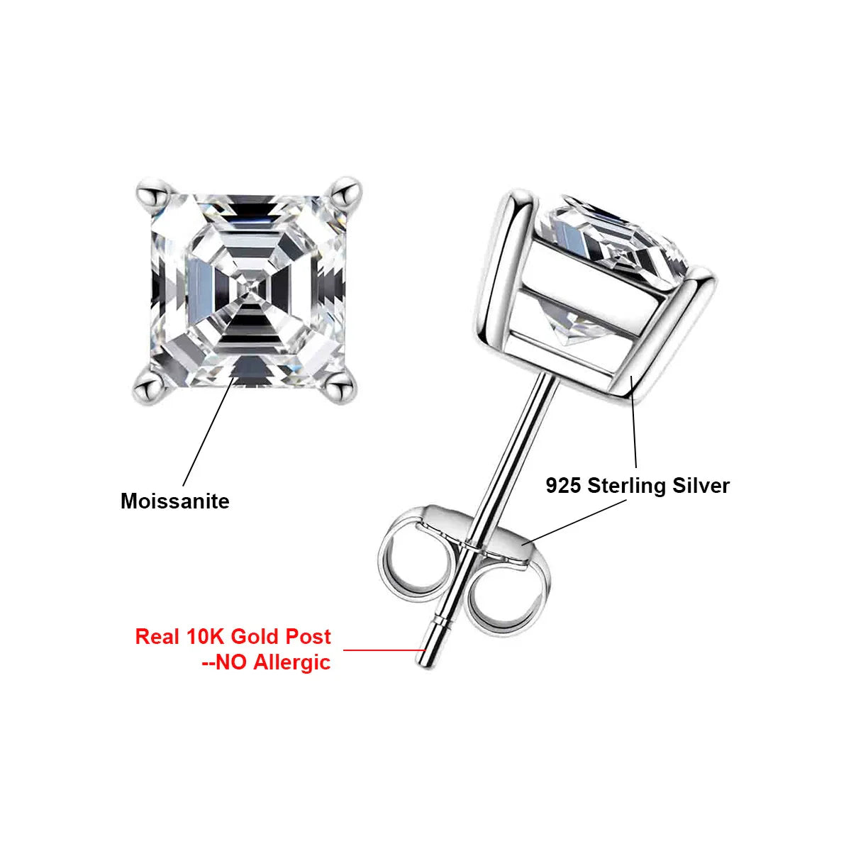 10K Gold Post 4/2/1ct Asscher Cut Moissanite Stud Earrings Anti-allergy Eearrings For Women Jewelry Wholesale