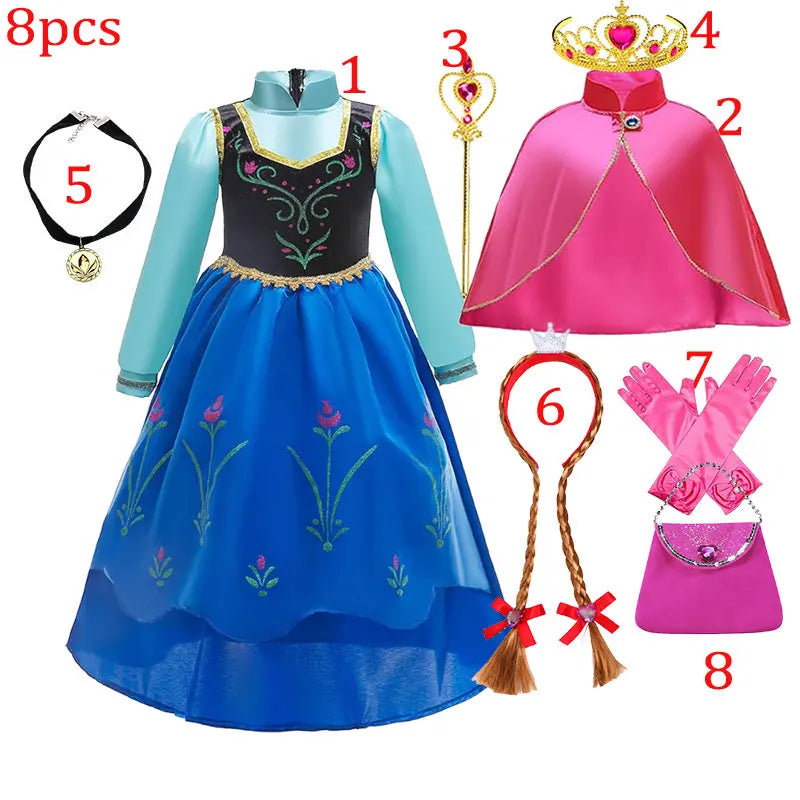 Elsa Princess Floral Frock with Cape Elsa Younger Sister Anna Disguise Dress Cosplay Party Snow Queen Cute Girl Carnival Outfit