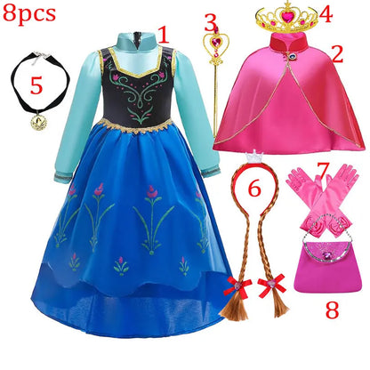 Elsa Princess Floral Frock with Cape Elsa Younger Sister Anna Disguise Dress Cosplay Party Snow Queen Cute Girl Carnival Outfit
