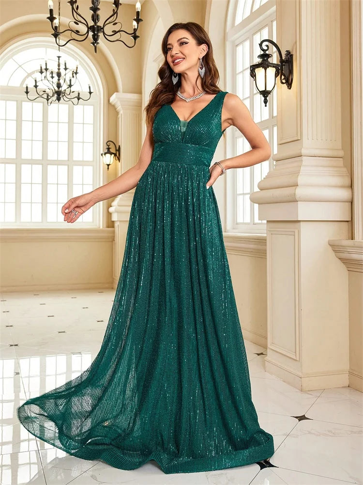 Women Luxury V-Neck Sleeveless Green Formal Evening Dresses Sequins 2025 Wedding Party Prom Maxi Cocktail Dress Vestido