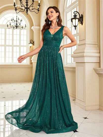 Women Luxury V-Neck Sleeveless Green Formal Evening Dresses Sequins 2025 Wedding Party Prom Maxi Cocktail Dress Vestido