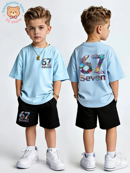 Boys Sets 67 Funny Print Kids T-Shirt Shorts Pant Set Casual Italian Brainrot Summer Top Suit for Funny Gift Children's Clothing
