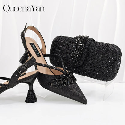 New Arrival Fashionable Olive Color Diamond Decorative Party Wedding Pointed Toe Women's High Heels and Bag Set