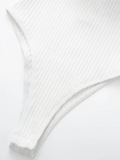Women Fashion Ribbed Bodysuit With Organza Ruffle Vintage High Elastic Sexy y2k Female Chic Lady Tops body femme