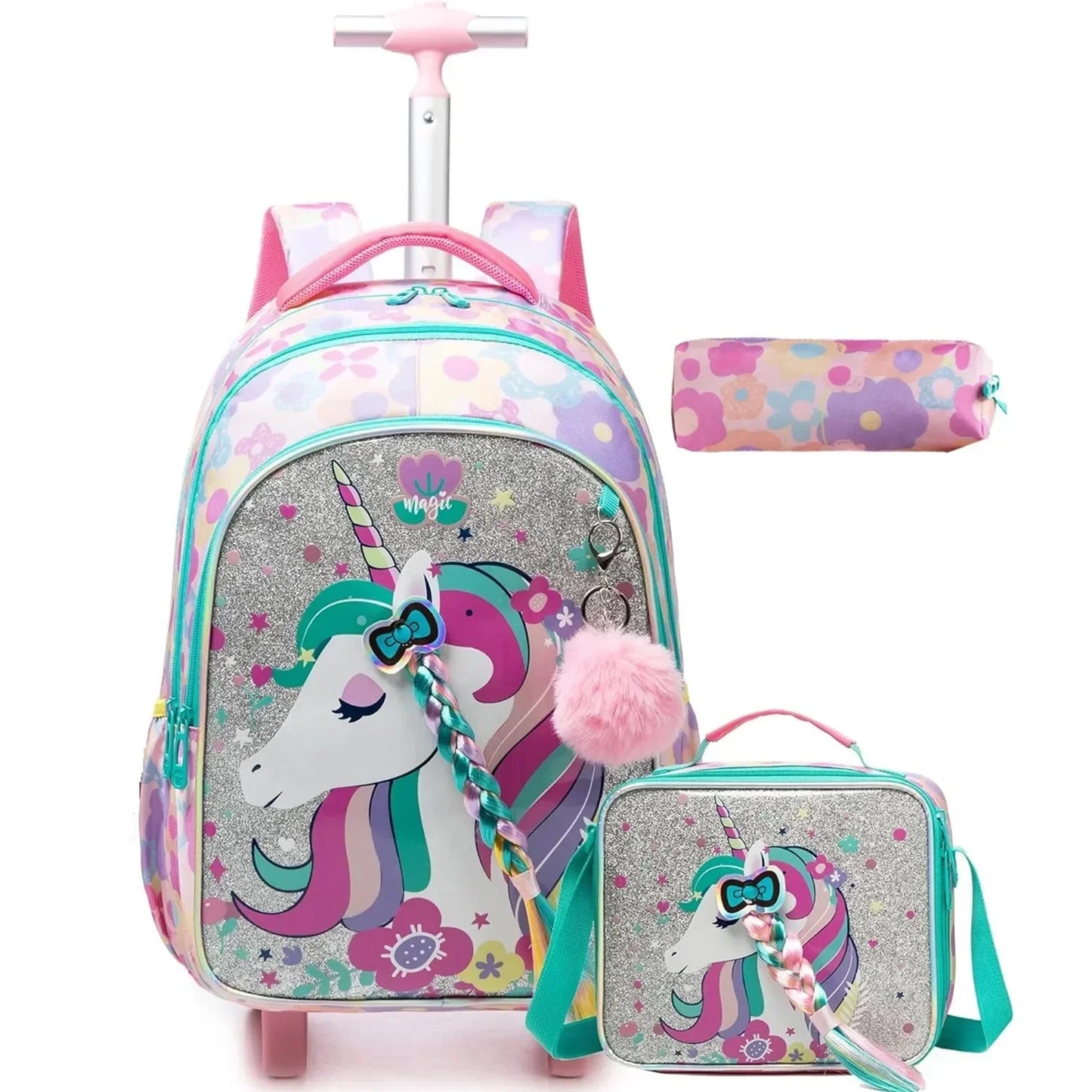 Children's Wheeled Backpack Bag Set with Lunch Box School Rolling Backpack Bag with Wheels School Trolley Backpack Bag for Girls