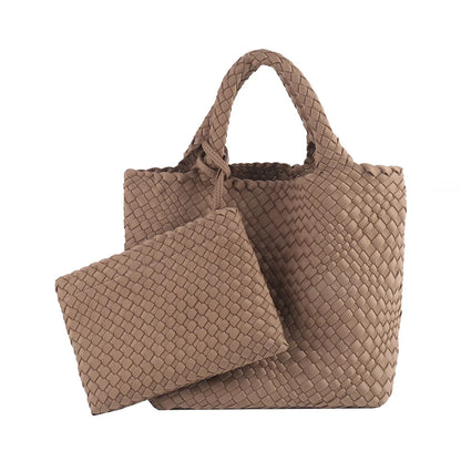 Woven Bag for Women, Neoprene Tote Bag Summer Beach Handbag Purse Retro Handmade Travel Shoulder Bag Set Neoprene Weave Tote Bag