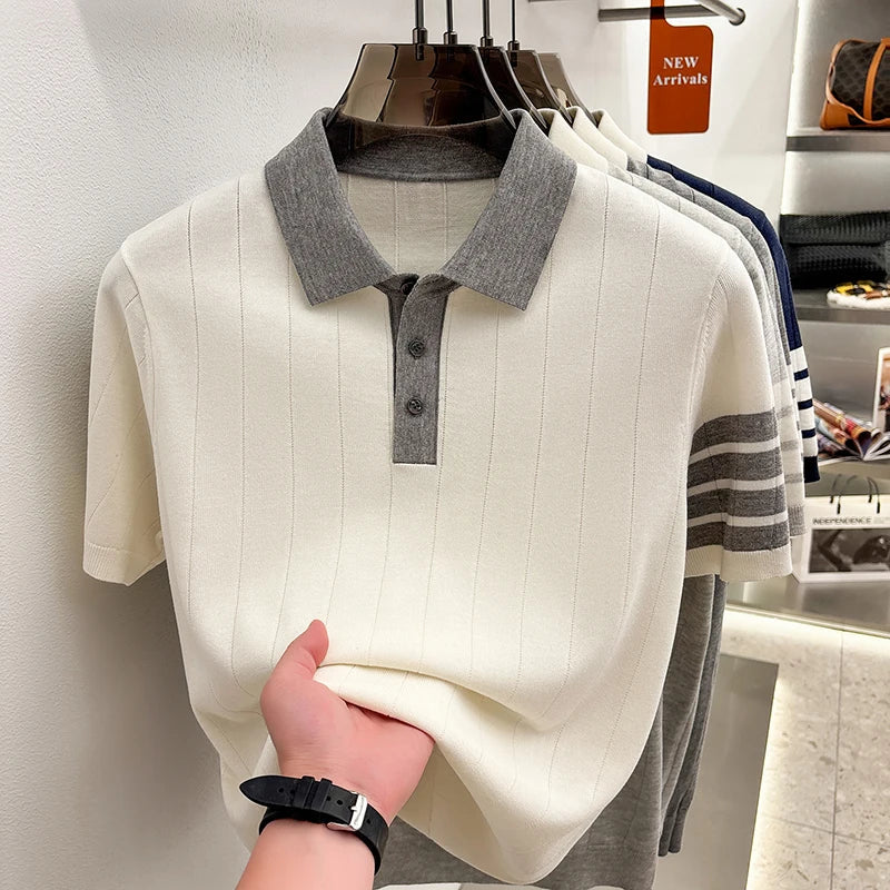 2026 Men's Short Sleeved Polo Shirt with High-end Feel, Summer Thin Design, Knitted Collar, Linen T-shirt As Base