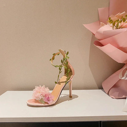 Summer Pink Sweet Chiffon Flower Dream High Heels Lace up Sandals Wedding Banquet Women's Shoes