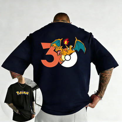 30th Anniversary Charizard Printed T-shirt Summer Men's and Women's Loose Casual Hip Hop Trendy Short Sleeve Top