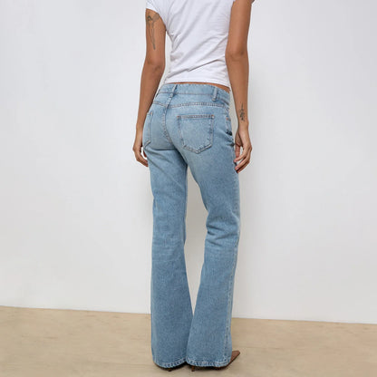 Women Y2K Aesthetic Flare Jeans Zipper Button Low Waist Streetwear