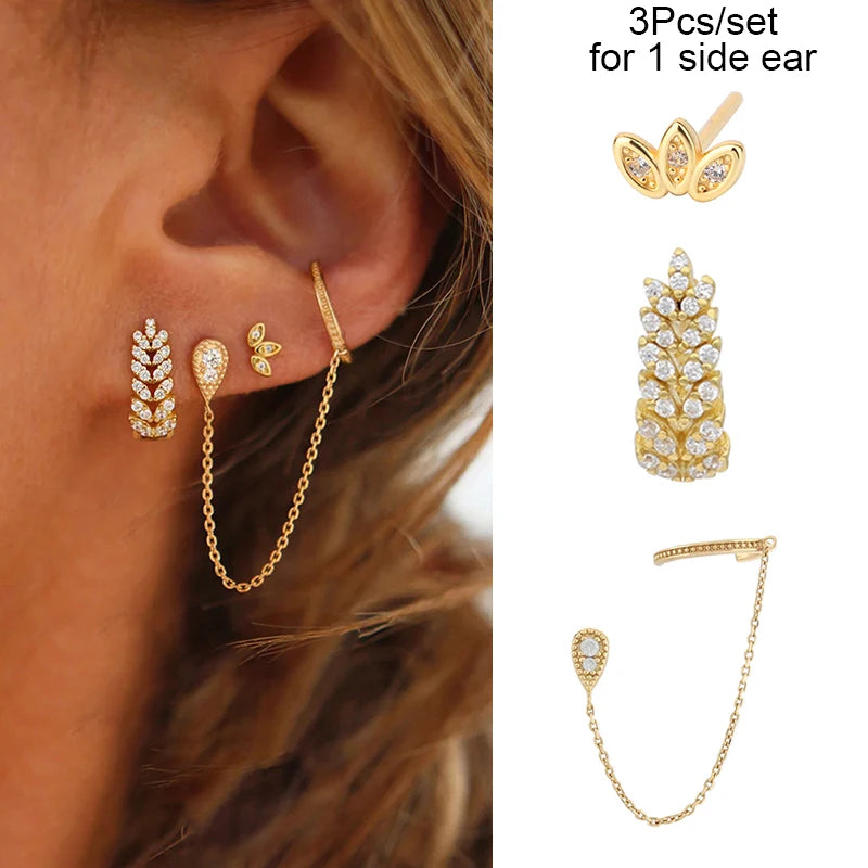 3PCs/set Earrings for 1 Ear Women gold color zirconia Classic Piercing Designer Earring set 2024 Women Jewelry Wholesale