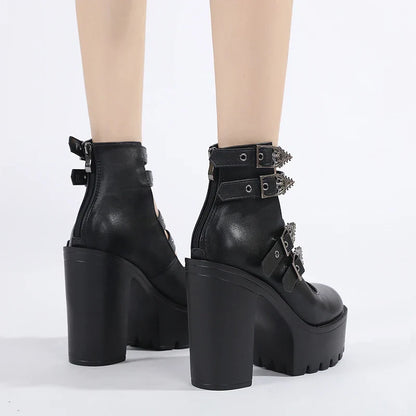 Goth Style Women Block Heels for Halloween Fashion Buckle Strap Dress Pumps Platform Mary Jane Shoes Stylish Back Zipper