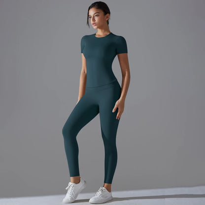 Yoga Set Women Workout Set Sportswear Gym Clothing Fitness Shorts Sleeve Crop Top High Waist Leggings Sports Suits