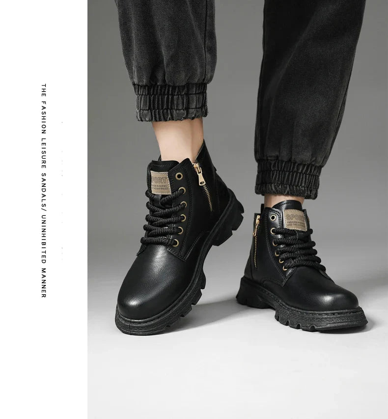 New MEN'S BOOTS with Retro Style Leather Boots, Thick Soles, Wear-resistant MEN'S High Top Casual Shoes, Side Zippers