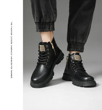 New MEN'S BOOTS with Retro Style Leather Boots, Thick Soles, Wear-resistant MEN'S High Top Casual Shoes, Side Zippers