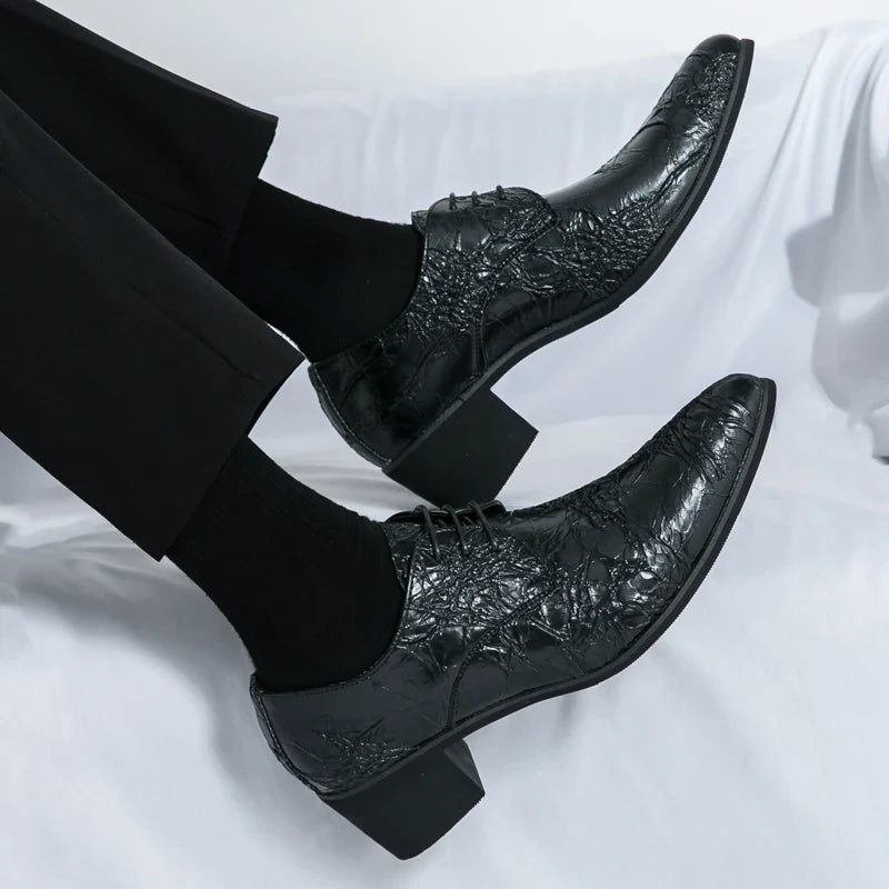 Men High Heeled Lace Up Derby Shoes PU Embossed Fashionable  Comfortable Business Formal Banquet Men Shoes