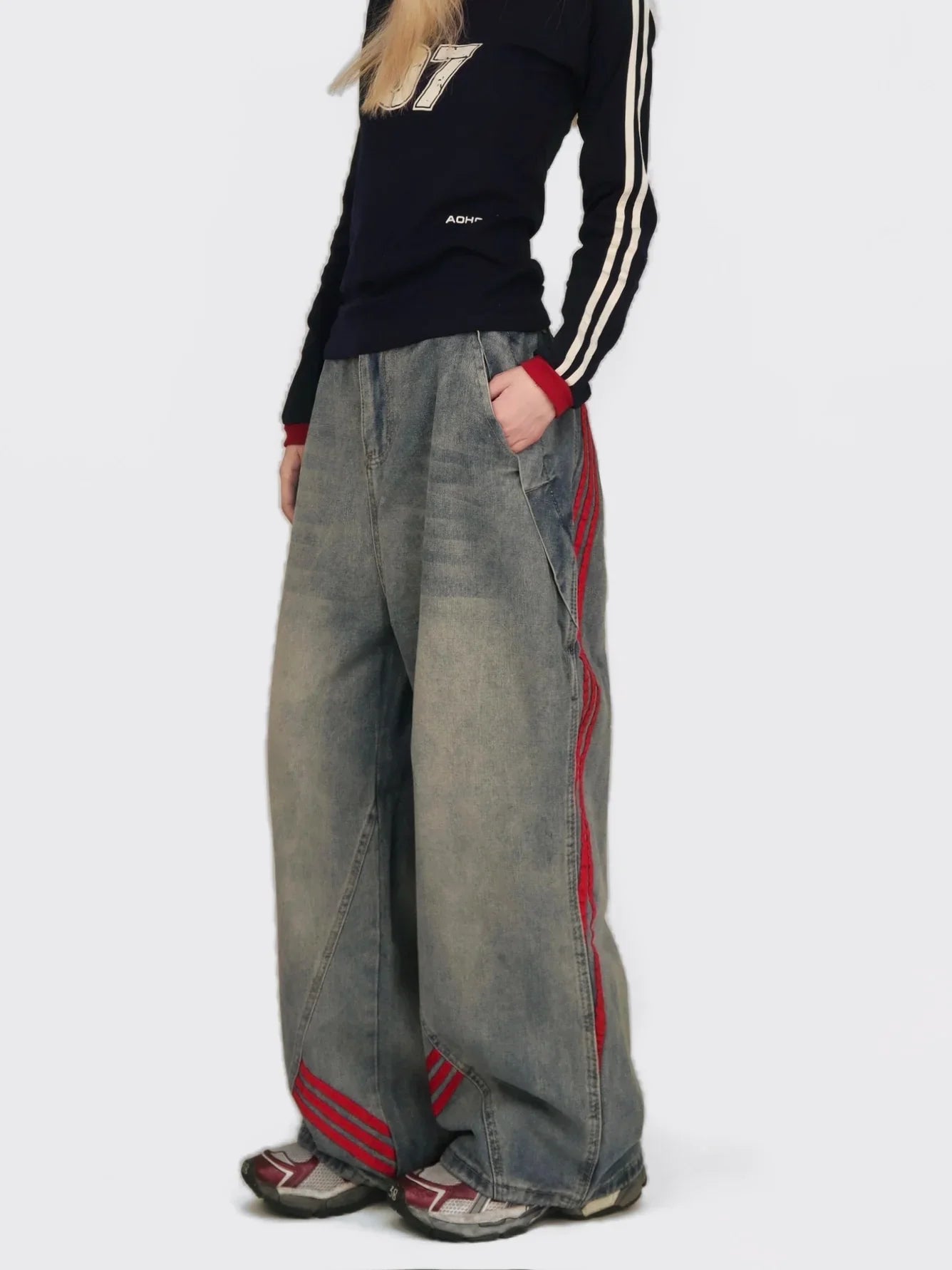 Loose Trendy Brand, Straight Striped Splicing, Casual Wide-Leg Pants