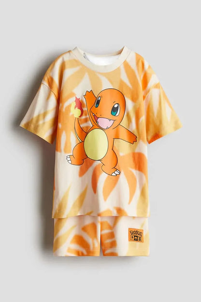 Pokémon Charmander Pikachu 3D Printed T-shirt and Shorts - Boys' and Girls' Casual Pajama Summer Set FamilyMatching Kids