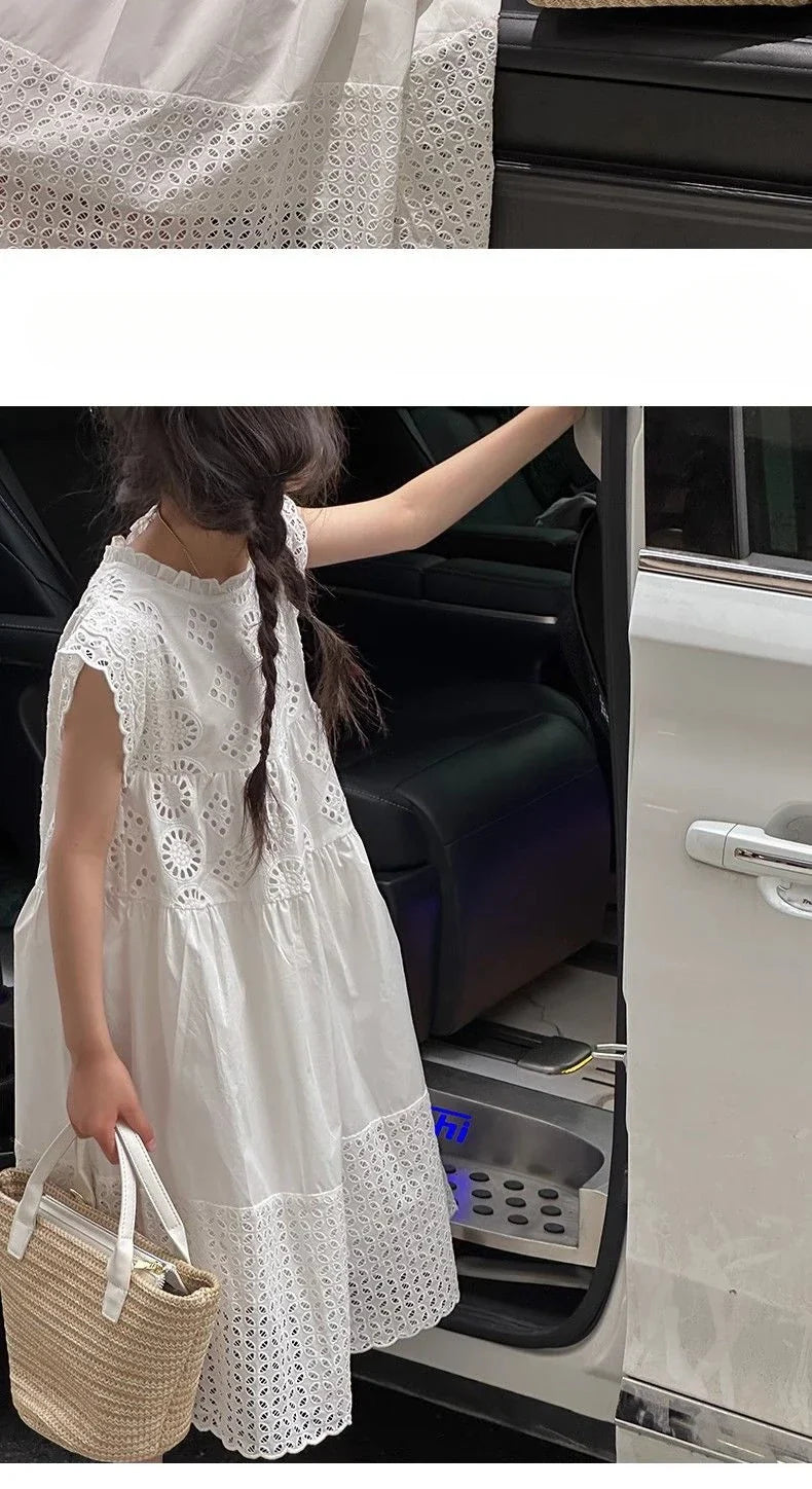 Cotton Medium To Large Children's Clothing Lace White Dress Girls' Princess Little Fresh Vest Dress 2025 Summer New Style