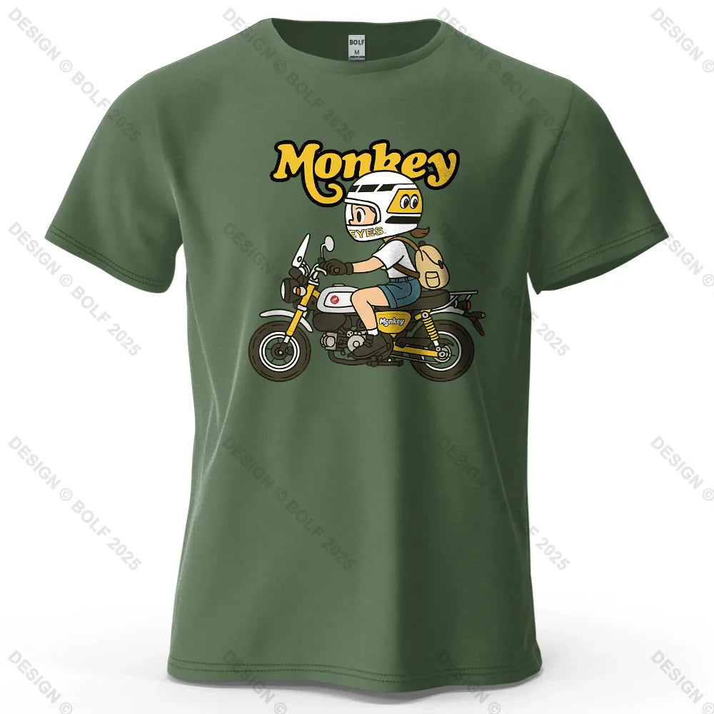Men's Monkey Motorcycle Graphic Short Sleeve T-Shirt 100% Cotton Cartoon Printed Tops Tee for Women Summer Casual Sportswear