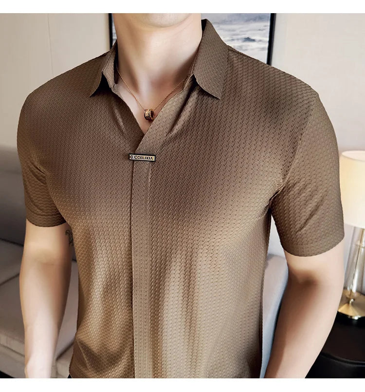 High-Grade Ice Silk Seamless Adhesive Polo Shirt, High-Elastic V-neck Thin Waffle Short-Sleeved Golf Shirt, T-shirt