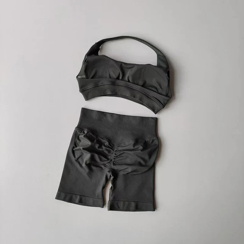 Sexy Halter Neck Beautiful Back High Waist Peach Sports Bras Shorts Suit Pilates Gathering Yoga Vest Training Fitness Bra Sets