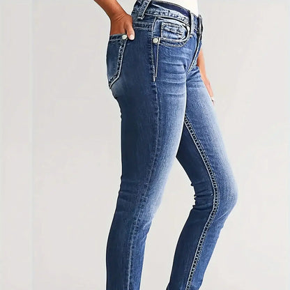 Women's dark blue slim fit elastic low waist classic style fashionable women's denim trousers