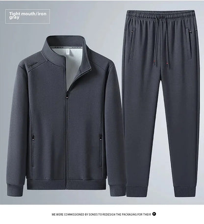 Spring Autumn New Men's Cotton Sports Suit Stand Collar Sweatshirt Middle-Aged And Elderly Casual Stylish Cardigan Loose-Fit 2-P