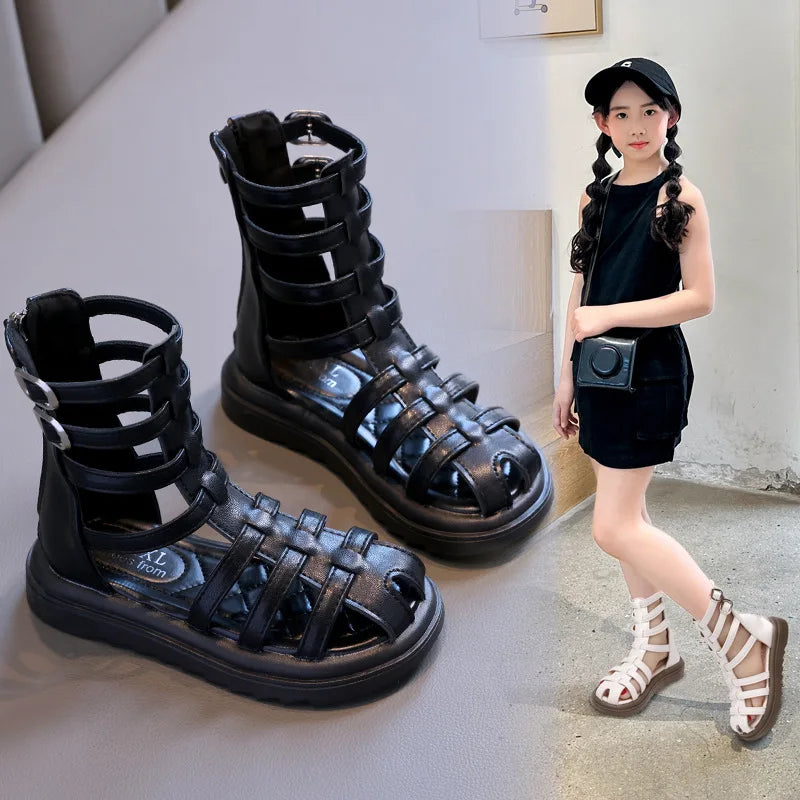 High-top Gladiator Platform Shoes Kids Wedding Party Footwear New Summer Little Girl Children Sweet Princess Long Sandals