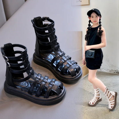 High-top Gladiator Platform Shoes Kids Wedding Party Footwear New Summer Little Girl Children Sweet Princess Long Sandals