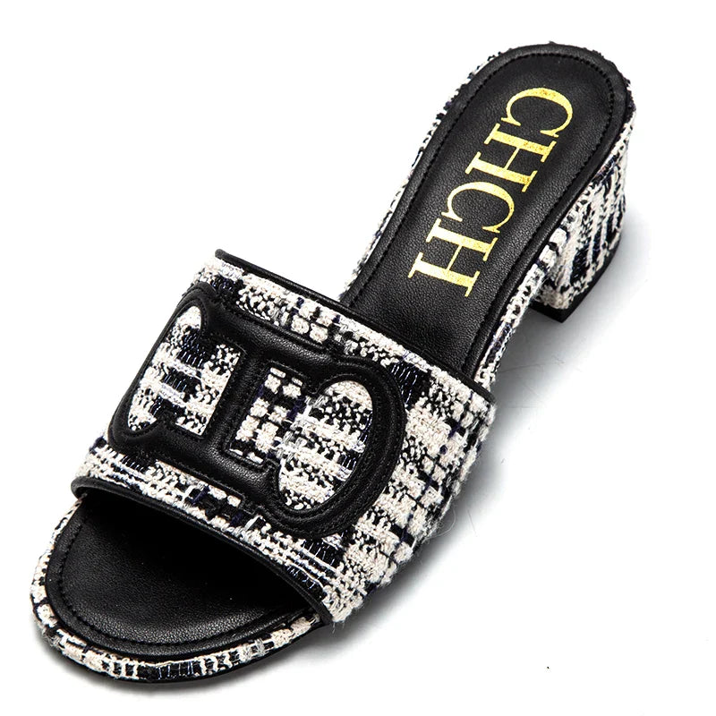 Middle heel square heel slippers fabric fashion casual shoes luxury brand slippers girls street commuter slippers
