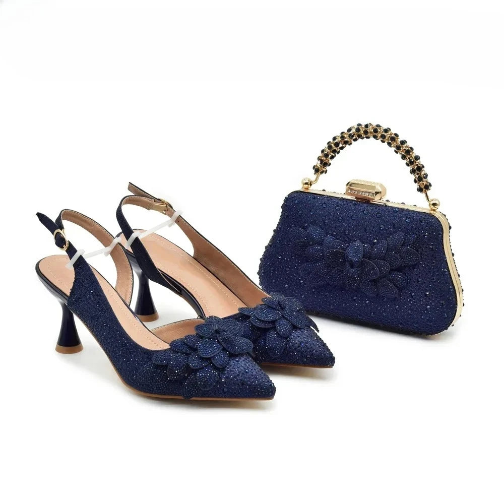 New Arrival Nigerian Women Heel Party Shoes and Bag Set Rhinestone Handbag Italian Design Luxury Wedding Shoes for Bride