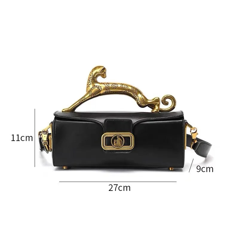 Square cowhide fashion personality versatile party shoulder bag with the same leopard handle bag high-end feeling women's bag.