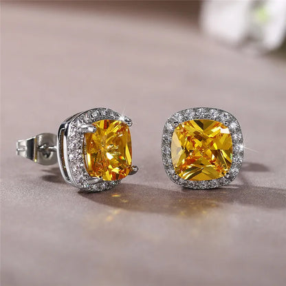 Ne'w Bright White/Yellow/Pink CZ Stud Earrings for Women Fashion Contracted Jewelry High Quality Wedding Engagement