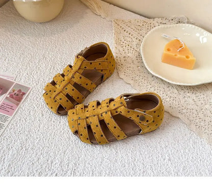 All Over Print Polka Dot Children Sandals for Girls Suede Leather Summer Students Holiday Shoes Girl Daily Shoes Cut-outs I05103