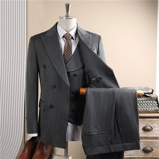 Man Outfit Turn Down Collar Long Sleeve Blazer Men Turn Down Collar Vest Straight-leg Pant Male Striped Slim 3-piece Suit Set