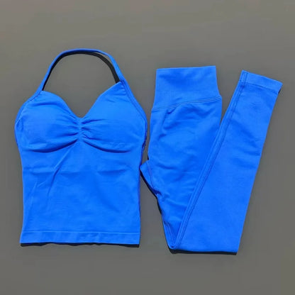 2Piece Sports Gym Set Women Longline Strappy Top Fitness Clothes Seamless Yoga Set Running Workout Sports Leggings Sets