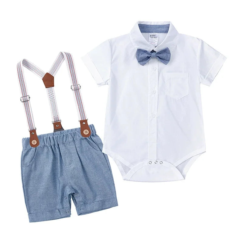 Baby Boy Formal Birthday Outfit Suit Toddler Gentleman Clothes Infant Short Sleeve Bowtie Shirt+Suspender Pants Casual Sets