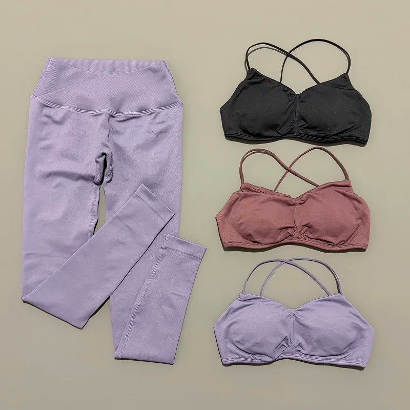 2 Piece Vision Sports Set Summer New Yoga Clothes Women Tracksuit Athletic Cross Backless Yoga Top Leggings Pilates Fitness Set