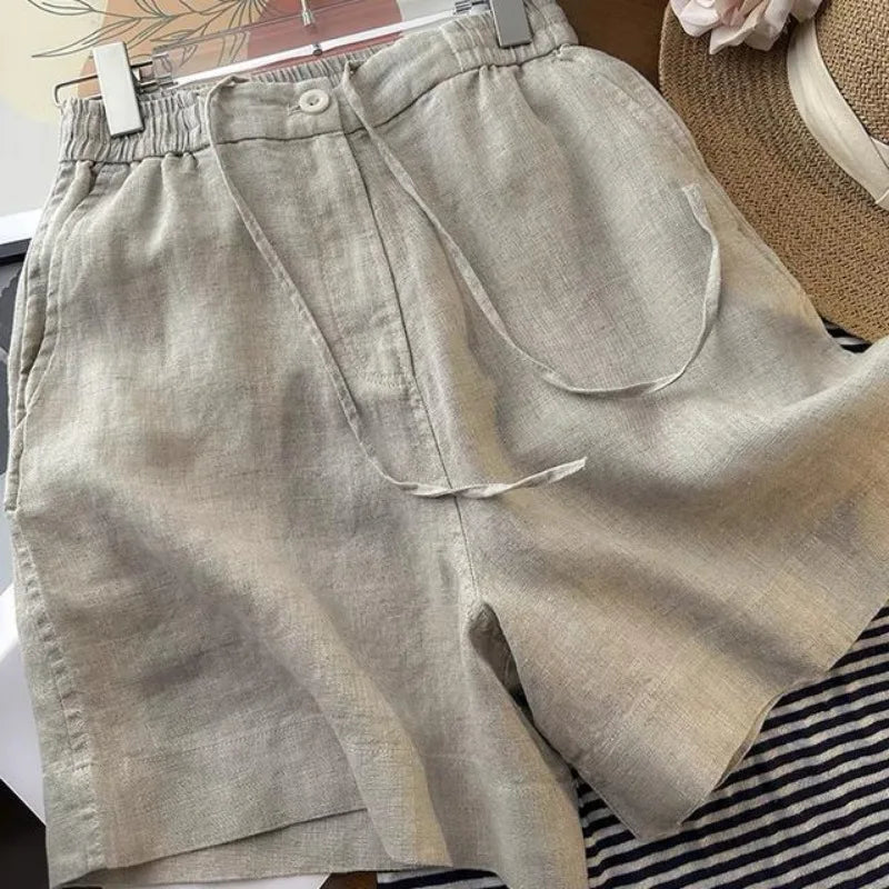 Japanese Simple Solid Color Pure Cotton Linen Casual Versatile Straight Elastic Waist Shorts Women's Middle Pants