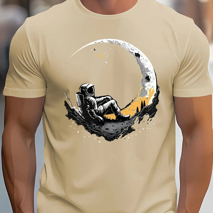 Men's summer 100 cotton fashionable casual loose plus size landing moon pattern printed sports round neck short sleeved T-shirt
