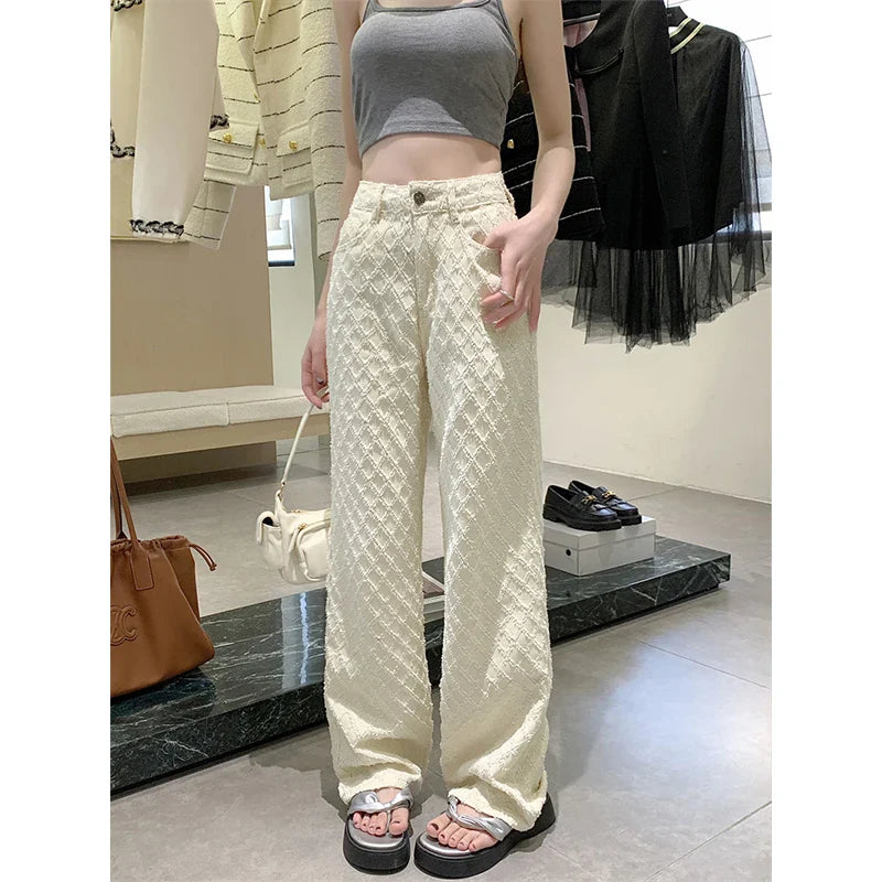 White High Waisted Diamond Checkered Floral Jeans
