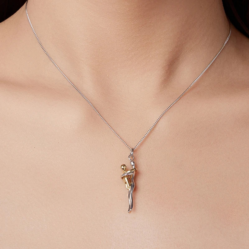 Real 925 Sterling Silver Hug Embrace Pendant Necklace Silver Gold Two-tone Mom & Child Pendant Family Gift  Mom Jewelry