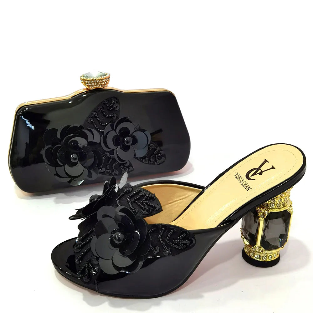 Arican Nova Chegada, Conjunto de Sapatos e Bolsas Femininos Estilo Italiano de Banda Estreita e Tiras Cruzadas na Cor Dourada para Festa