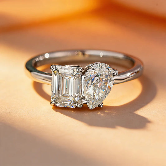 Pear Emerald Cut Moissanite Ring Engagement Rings for Women Two Stone 925 Sterling Silver with Gold Plated Wedding Band