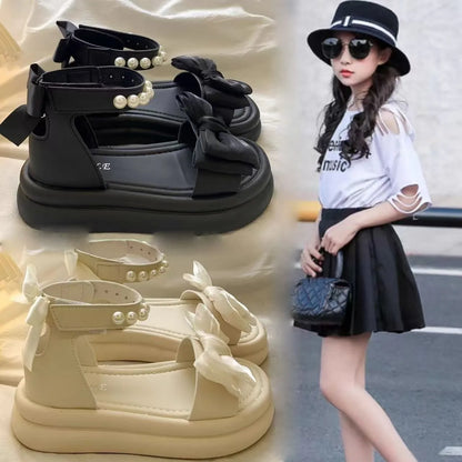 Girls Sandals Pearl Bow Princess Shoes 2026 Summer New Children's Beach Shoes Girls Soft Sole Sandals