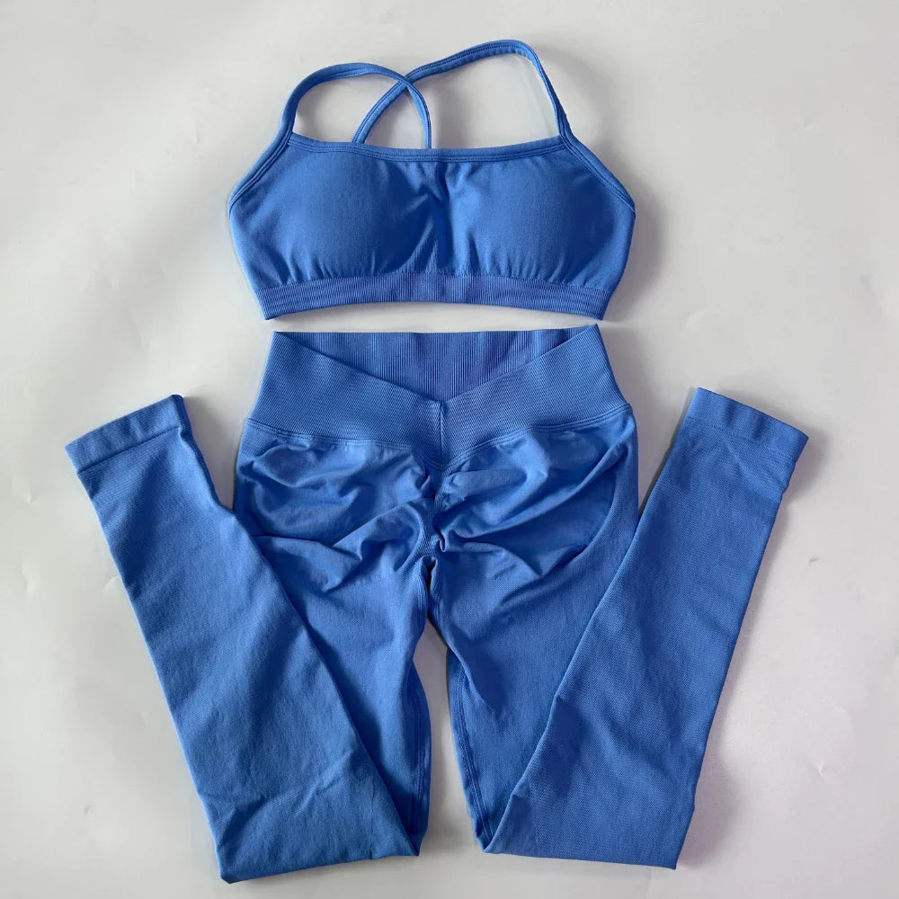 2 Pieces Gym Set For Women Clothes Seamless Scrunch Yoga Leggings Set Backless Sports Bra Fitness Workout Top Yoga Set Outfits